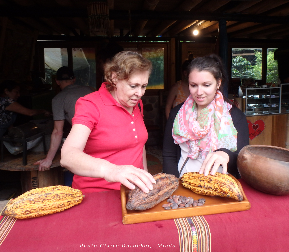 Deux femmes observent une cabosse de chocolat